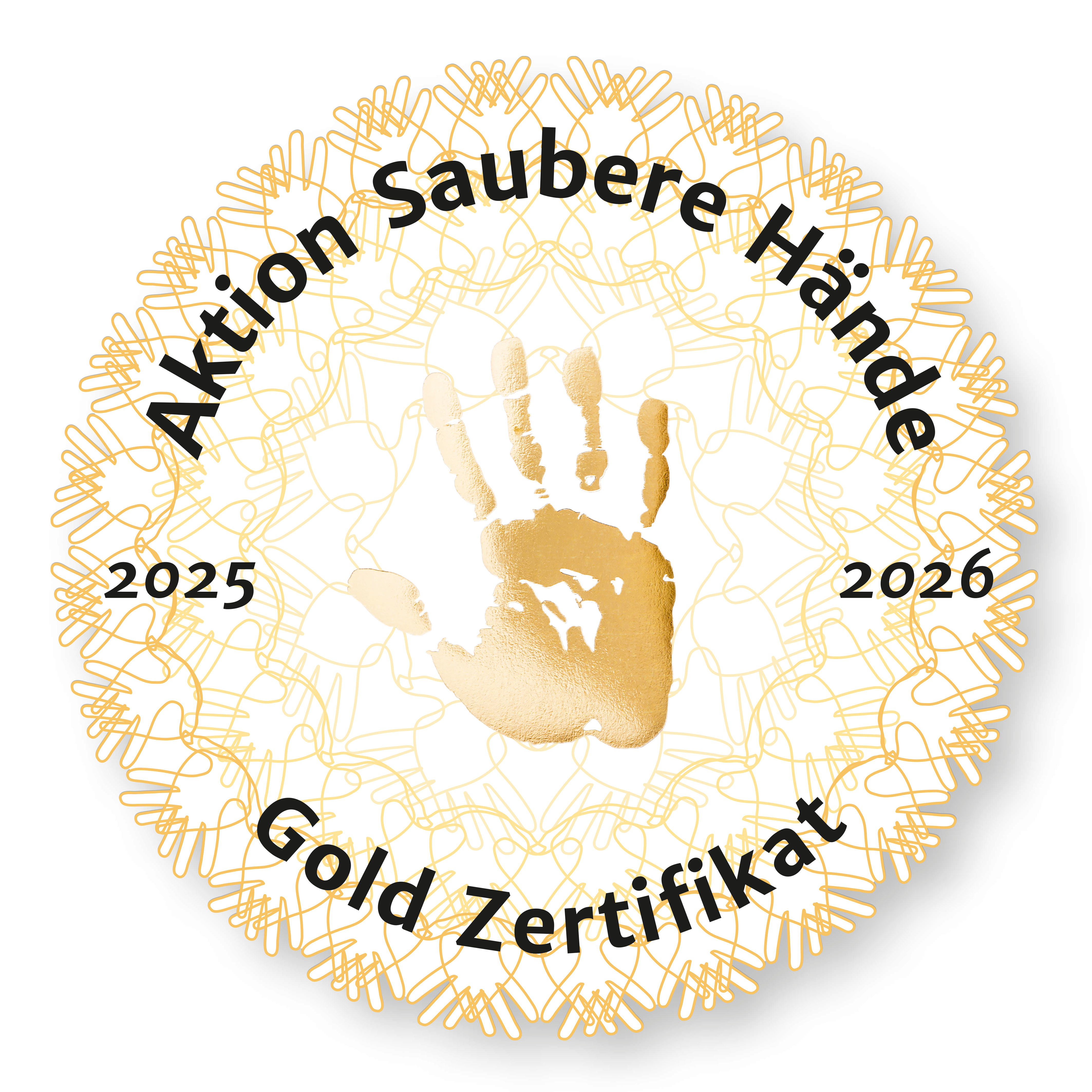 Auf einem runden hellgelben Siegel ist ein Handabdruck zu sehen. Darauf geschrieben steht Aktion Sauber Hände, 2025 und 2026, Gold Zertifikat