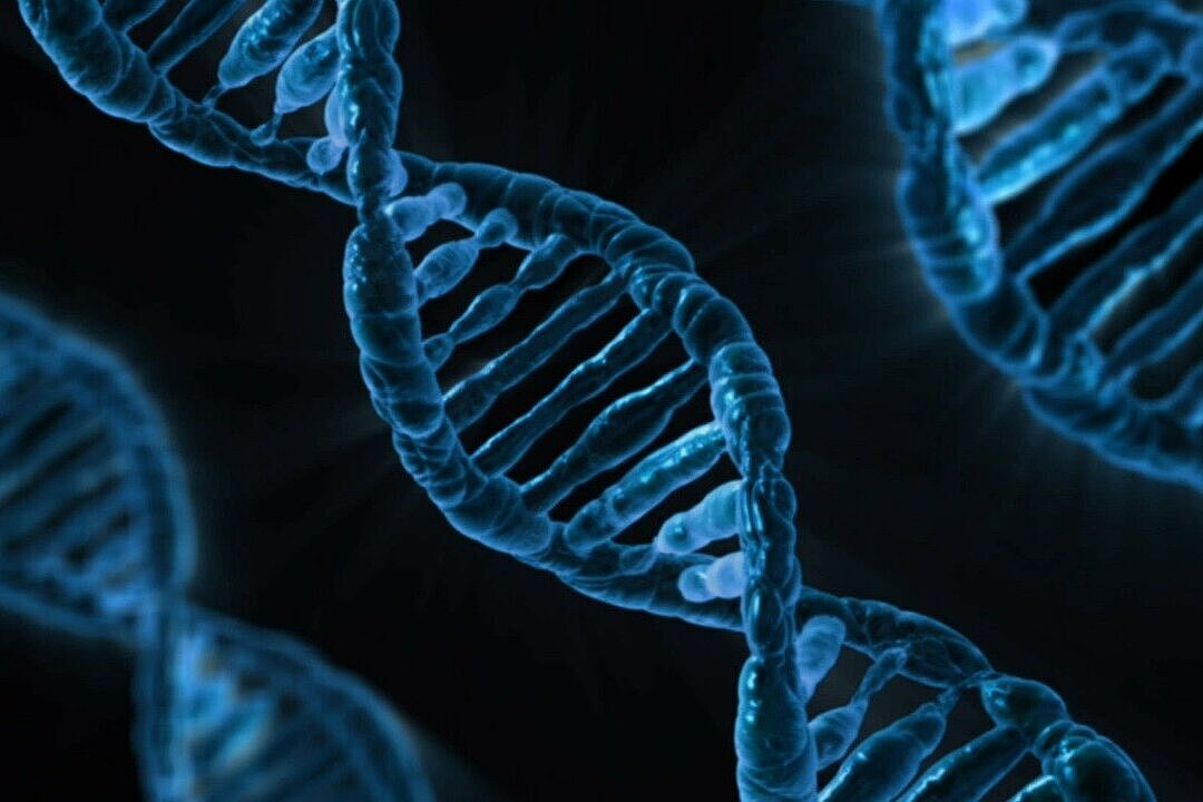 Blaue DNA-Stränge auf schwarzem Grund