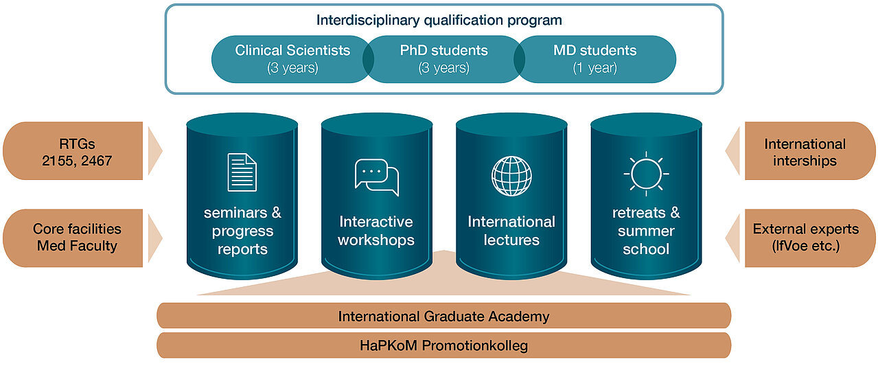 Four pillars that are labeled seminars and progress reports, interactive workshops, international lectures as well as retreats and a summer academy carry the qualification program of the RTG