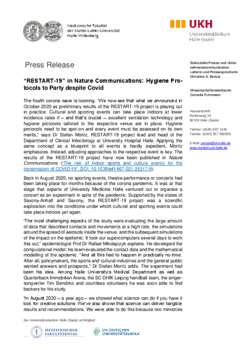 Press release ("'RESTART-19' in Nature Communications: Hygiene Protocols to Party despite Covid") as PDF for download