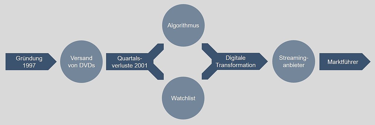 „Unternehmensentwicklung: Vom DVD-Versand zur Marktführerschaft durch konsequente digitale Transformation und innovative Geschäftsmodelle. (Quelle: Eigene Darstellung)“