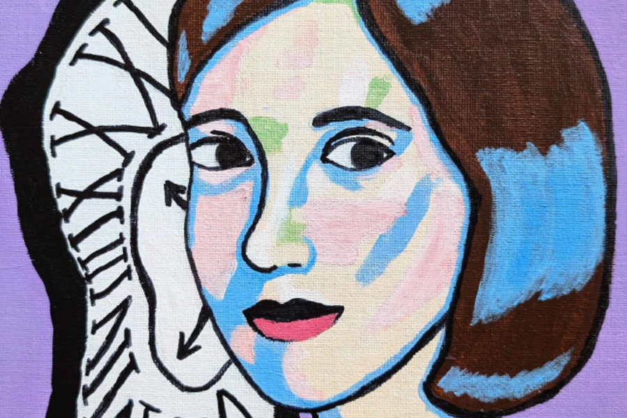 Gemaltes Porträt einer Frau. Links hinter ihrem Kopf befindet sich eine gemalte Uhr, die nach unten fließt. Gemaltes Porträt einer Frau. Links hinter ihrem Kopf befindet sich eine gemalte Uhr, die nach unten fließt.