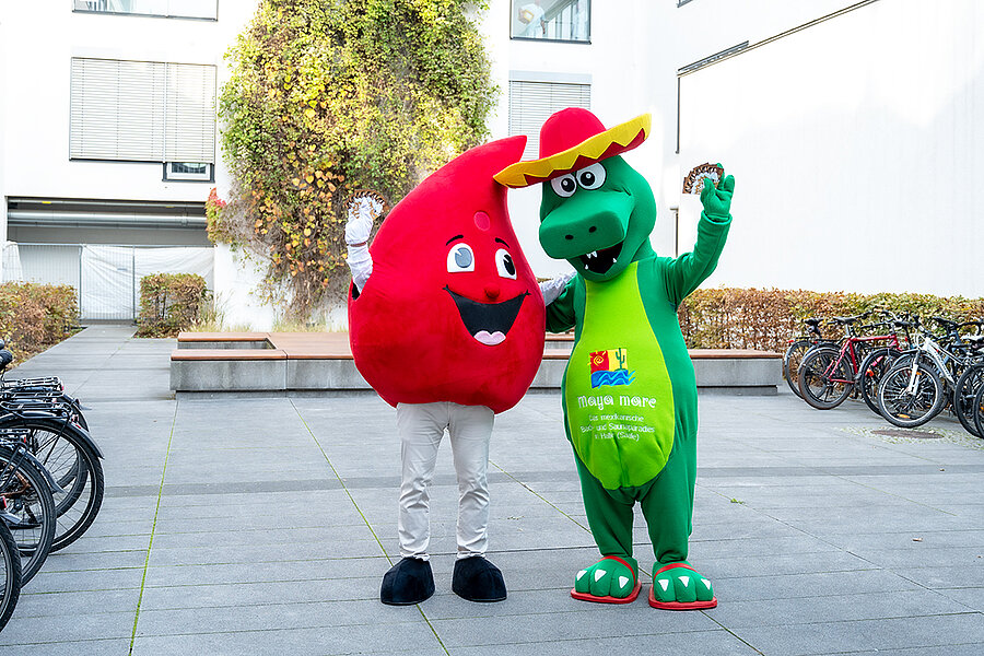 Die Maskottchen der Blutspende des Universitätsklinikums Halle (Saale), ein Blutstropfen, und des Maya mare, ein Krokodil, stehen in einem Innenhof des Universitätsklinikums Halle (Saale) und winken in die Kamera. Die Maskottchen der Blutspende des Universitätsklinikums Halle (Saale), ein Blutstropfen, und des Maya mare, ein Krokodil, stehen in einem Innenhof des Universitätsklinikums Halle (Saale) und winken in die Kamera.
