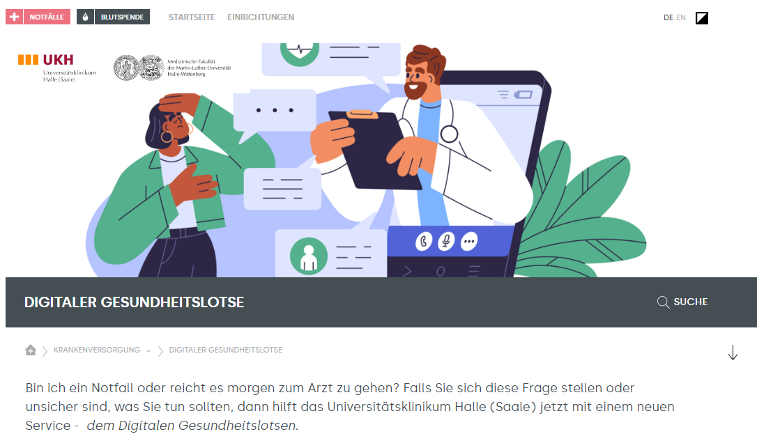 Zu sehen ist die Startseite des Digitalen Gesundheitslotsen auf der Webseite. Illustration zeigt Arzt aus einem Smartphone kommend im Gespräch mit Patientin. Sprechblasen zeigen eine digitale kommunikation