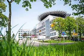 Außenaufnahme des Haupteingangsbereichs der Universitätsklinik Halle (Saale). Das Gebäude ist von grünen Bäumen und einer Wiese eingerahmt.