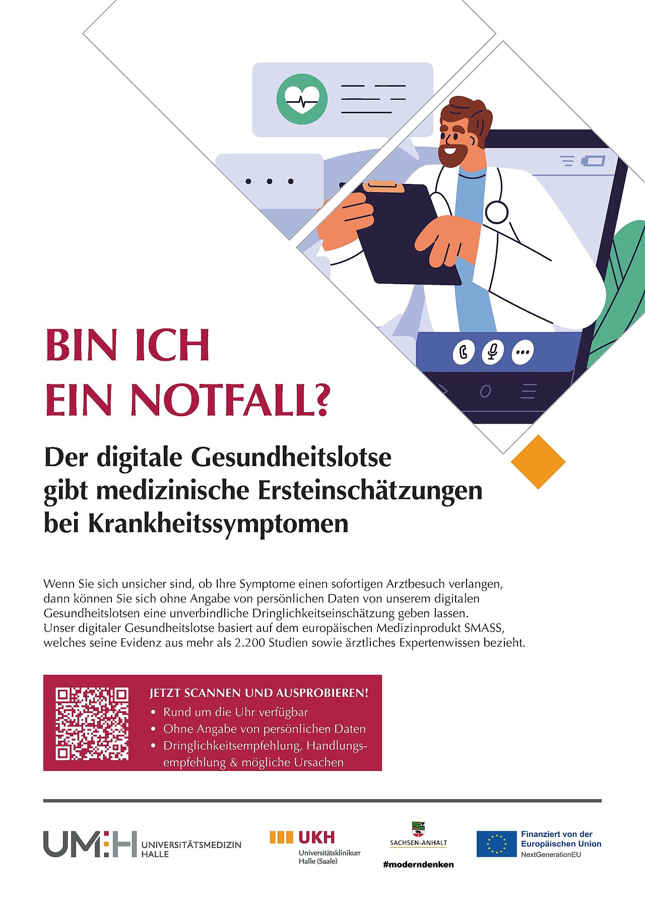  „Plakat: Der digitale Gesundheitslotse des UKH bietet medizinische Ersteinschätzungen bei Krankheitssymptomen – ein innovativer Schritt zur digitalen Gesundheitsversorgung. (Quelle: Eigene Darstellung)“