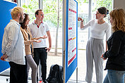 Fünf Personen an einer Posterwand. Drei blicken von links auf eine Seite der Wand mit einem Poster, zwei auf die andere Seite. Eine Person deutet mit dem Finger auf das Poster, was aus der Perspektive des Fotografen zu erkennen ist.